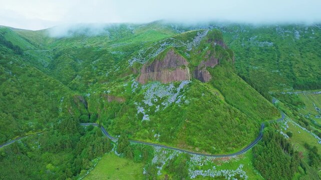 Aerial view of the majestic Rocha dos Bordoes, a unique natural monument of columnar basalt joints covered in lush green vegetation and hydrangeas on Flores Island, Azores, Portugal. Moving Forward