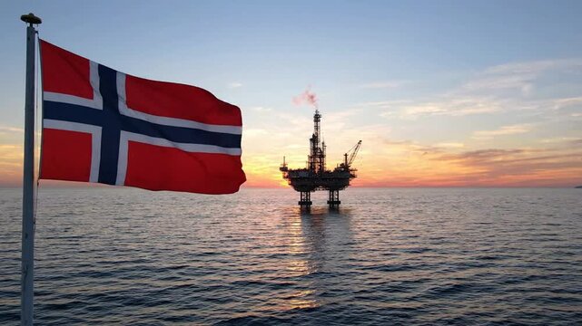 Norway Flag Waving with Offshore Oil Rig at Sunset. AI Generated.