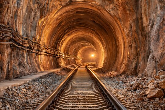 Railway tunnel underground mining tracks and glowing light perspective