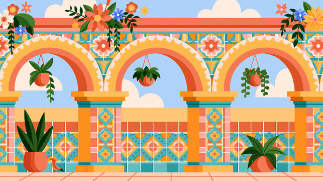Colorful decorative illustration celebrating hispanic heritage month with traditional patterns and architectural arches row of colonial style arches with patterned tiles hanging plants