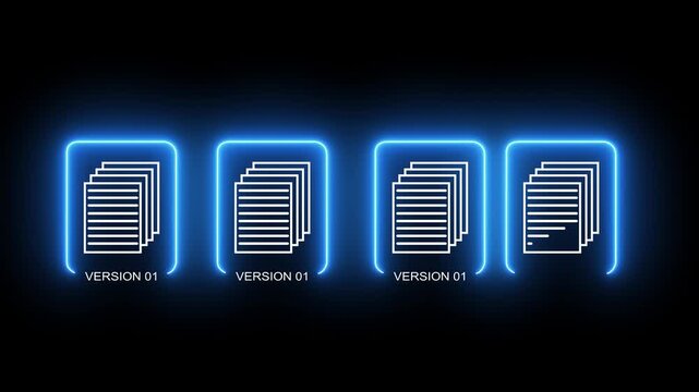 Document version control concept on the black background. Revision history and change tracking. Motion graphics of online document controlling neon glowing animation