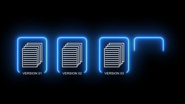 Document version control concept on the black background. Revision history and change tracking. Motion graphics of online document controlling neon glowing animation