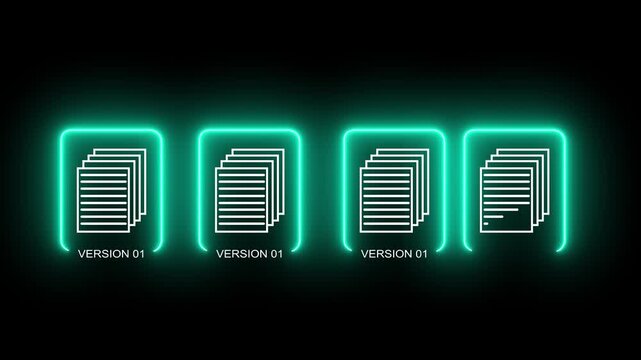 Document version control concept on the black background. Revision history and change tracking. Motion graphics of online document controlling neon glowing animation