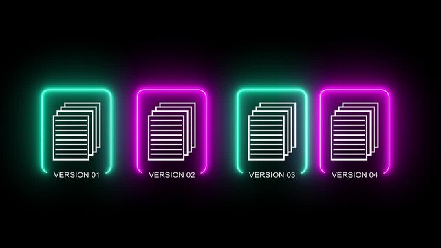 Document version control concept on the black background. Revision history and change tracking. Motion graphics of online document controlling neon glowing animation