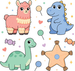 Cute Baby Dinosaur and Pink Alpaca Vector Clipart Set Featuring Whimsical Prehistoric Reptiles Llama Candies and Cushion Stars for Nursery Designs © mdtanjimul
