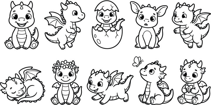 Cute Baby Dragon Coloring Page Vector Set Featuring Little Dragons Hatching, Flying, Sleeping, and Playing for Kids Activity Book Designs