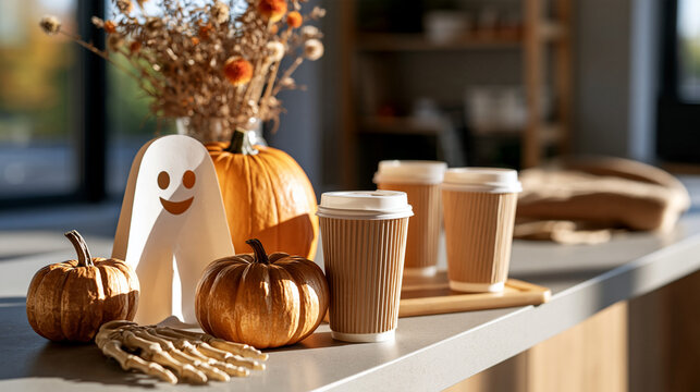 Halloween office break room decor with pumpkins a paper ghost a skeleton hand and coffee cups on a counter large empty wall area above daylight break room office decor pumpkins
