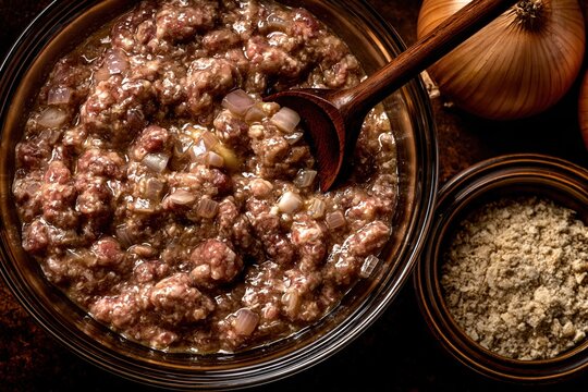 Raw minced meat mixing with chopped onion in glass bowl preparation
