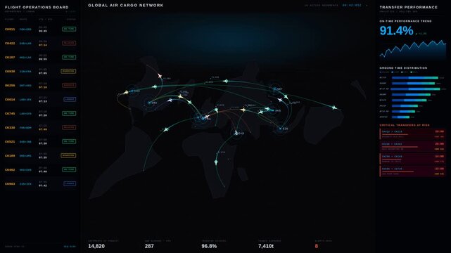 An animated air cargo operations dashboard showcases flights, shipment status, and transfer performance with luminous aircraft routes and a retro-modern flight information display.