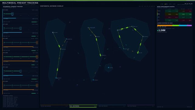 A detailed multimodal freight tracking dashboard animation showcasing road, rail, sea, and air transport networks with vibrant UI elements and dynamic visualizations in 4K resolution.