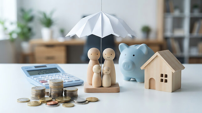 Wooden family figurines under paper umbrella with coins and piggy
