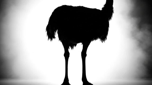 Black and white silhouette of an ostrich standing against a bright, smoky background