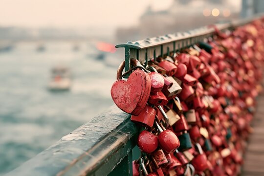 Red heart love padlocks attached to metal bridge railing romantic mood