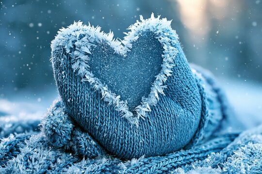 Frozen Heart Shape on Knitted Blue Wool Scarf for Winter Holidays