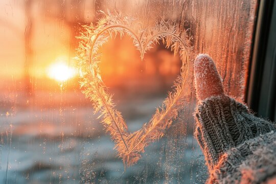 Heart shape drawn on frosty window at golden hour winter sunset mood