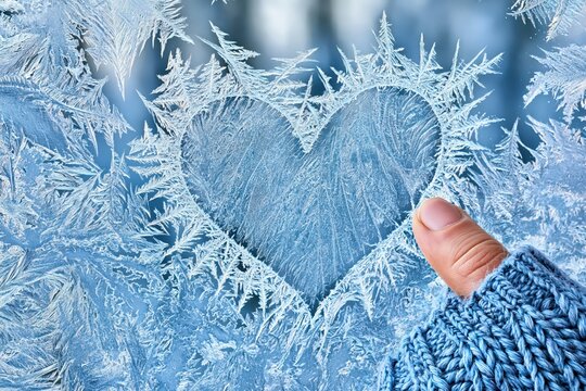 Heart shape drawn on frosty window glass with finger in winter season
