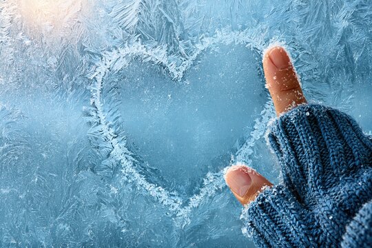 Hand drawing heart shape on frosty window glass winter holiday mood