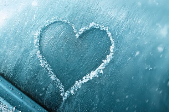 Heart shape drawn on frozen car window with winter frost and snow