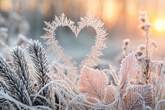 Frosty Heart Shape on Winter Plants with Golden Hour Sunlight Glow
