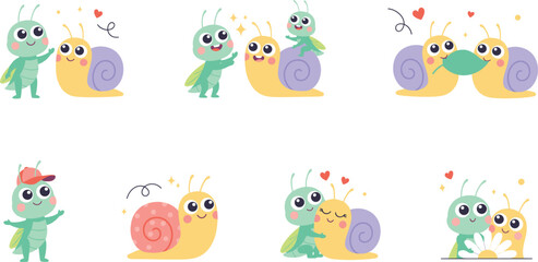Obraz premium Cute Cartoon Snail and Grasshopper Insect Character Set with Friendly Bugs Sharing Leaf Flowers and Hugs for Kids Design Vector