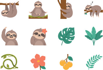 Obraz premium Cute Cartoon Sloth Character Icon Set with Tropical Monstera Leaves, Jungle Vines, and Flowers for Wild Animal Nursery Sticker Designs