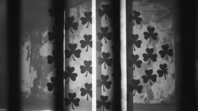 Black and white shamrock pattern on a curtain transforming to the appearance of behind bars with dramatic lighting and texture