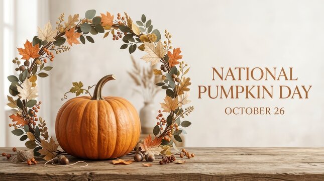 Pumpkin with autumn leaves for national pumpkin day