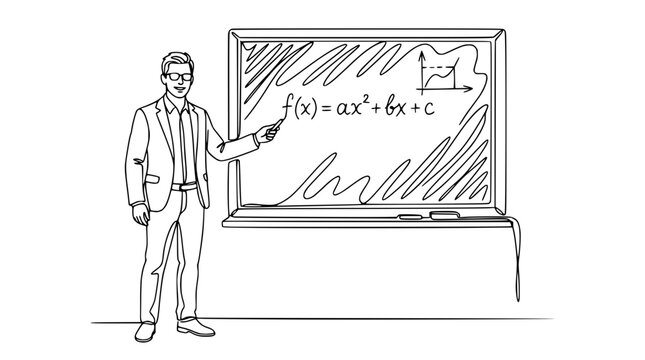 Teacher pointing at quadratic equation on blackboard, isolated on transparent background