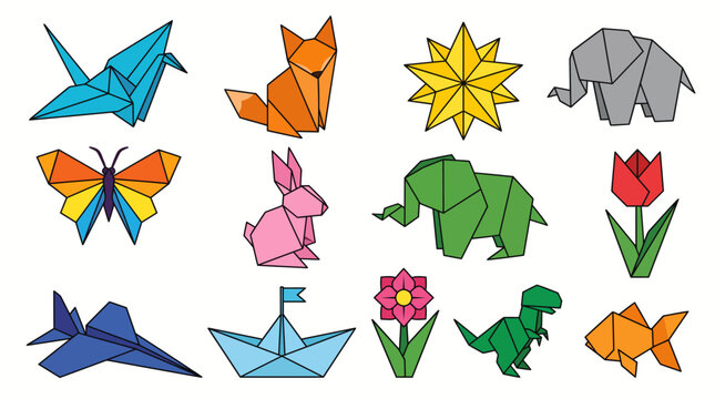 Set of colorful origami paper animals and objects vector illustration on white background