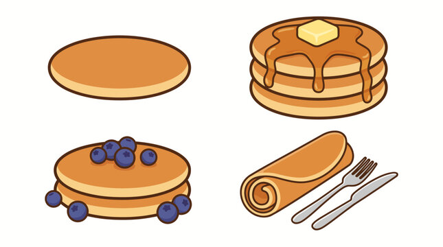 Cartoon pancake vector illustration set with maple syrup, butter, blueberries, rolled crepe, fork and knife