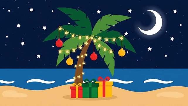 Flat vector tropical Christmas palm tree with string lights and gift boxes on a calm beach at night
