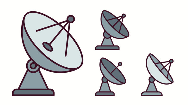 Set of four cartoon satellite dish antennas with grey parabolic reflectors and dark outlines