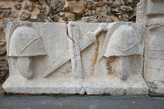 Side Ancient City. This photograph shows ancient stone blocks and relief fragments displayed in the open-air exhibition area of ​​the Side Museum.