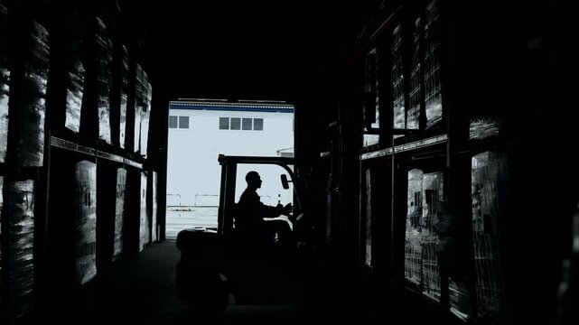 Silhouetted forklift operator seated in dark warehouse aisle beside wrapped pallet stacks, watching bright daylight through open doorway, strong tunnel perspective and industrial contrast