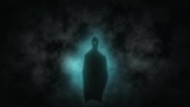 A terrifying documentary-style motion background featuring a mysterious, dark humanoid silhouette with glowing white eyes standing amidst swirling, eerie blue fog. Highly effective for true crime seri