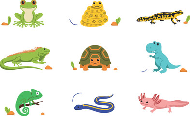 Cute Reptile Amphibian and Dinosaur Vector Character Set featuring Frog, Snake, Iguana, Chameleon, Turtle, Axolotl, and Tyrannosaurus Rex for Wildlife Education Designs © mdtanjimul