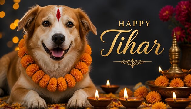 Kukur Tihar dog worship with marigold garland and diyas