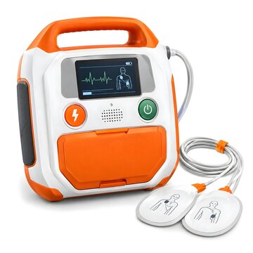 Automated external defibrillator AED with electrode pads isolated on white background
