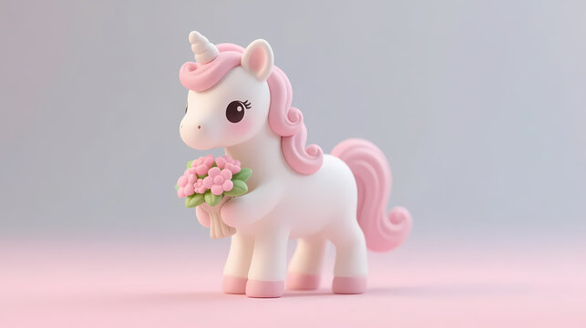White unicorn plush holding pink flowers
