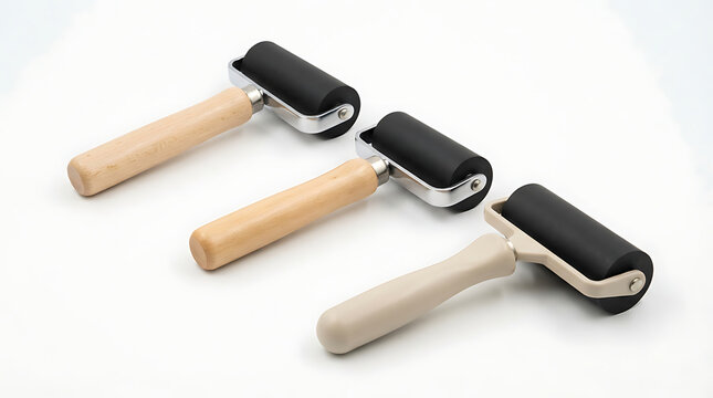 Three printmaking brayers with wooden handles isolated on white