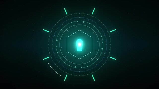 Digital security concept with a glowing keyhole icon in a futuristic circular interface with data streams and particles