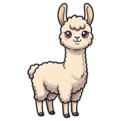 Fototapeta premium Cute Llama Cartoon: An adorable, fluffy llama with big, expressive eyes stands proudly, showcasing its unique charm and gentle demeanor in a simple, clean presentation.