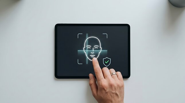 Facial recognition security scan on digital tablet screen, modern biometric ID verification technology, user touching screen for biometric access control