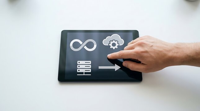 DevOps concept on digital tablet, cloud computing integration process, software development workflow, hand touching screen