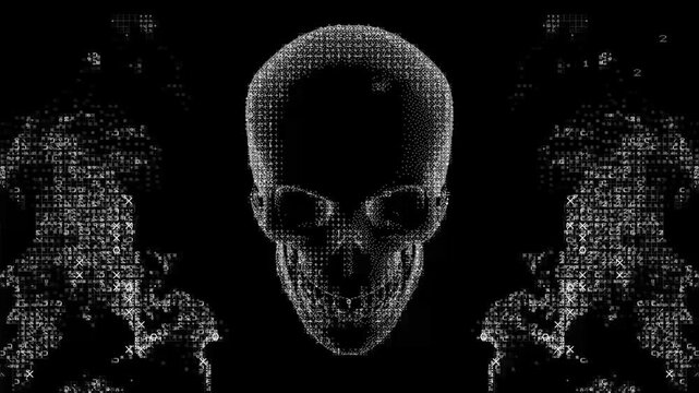 ASCII Skull Between Two Swirling Text Smoke Figures on Black