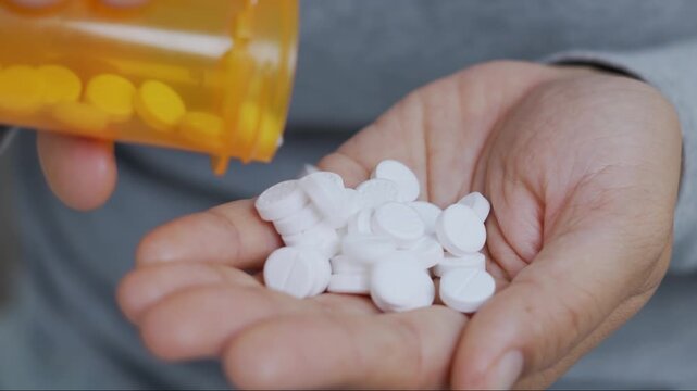 close up woman hand holding a medicine, with pours the pills out of the yellow orange medicine bottle. Stop drug use Taking Medication Caring for the health care medical concept.