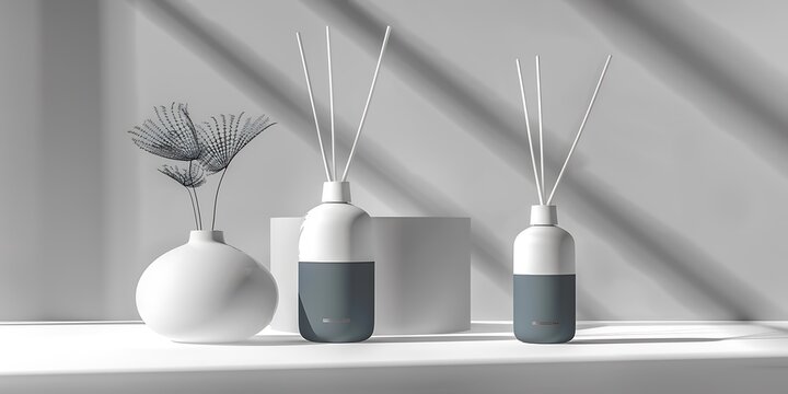 Aromatherapy reed diffusers stand on a white surface with soft light shadows.