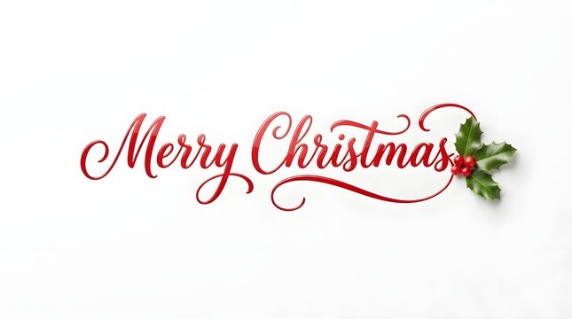 Merry christmas calligraphy with red holly berries isolated on white background