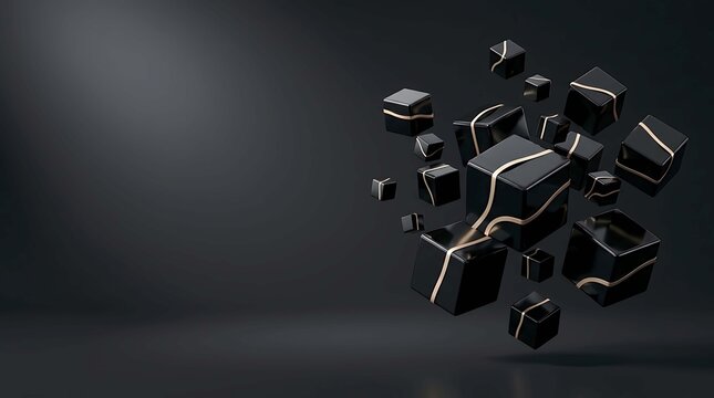Abstract composition of floating glossy black cubes with gold lines on a dark background