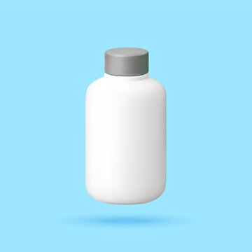 Minimal 3D render of a blank white supplement or medicine bottle with gray cap floating against a light blue background. Vector illustration